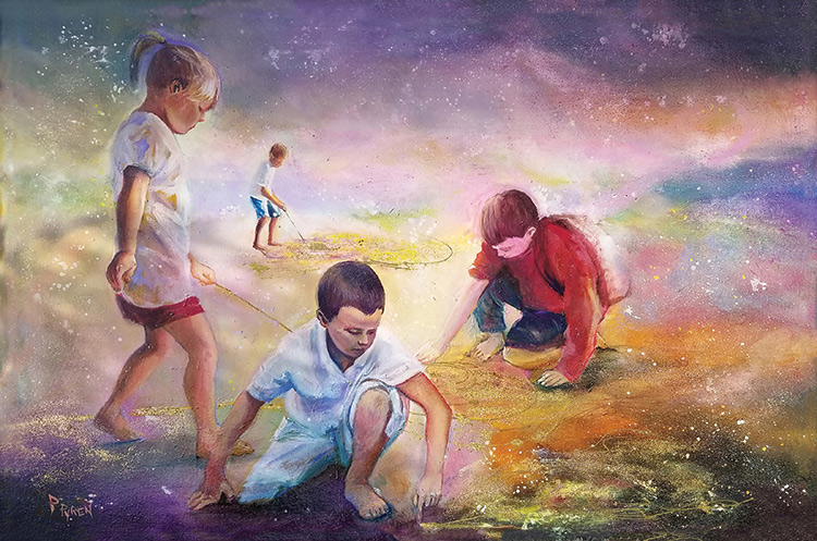 Oil painting of kids playing