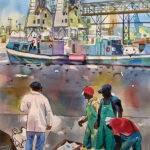 watercolor painting of a group of people at the docks