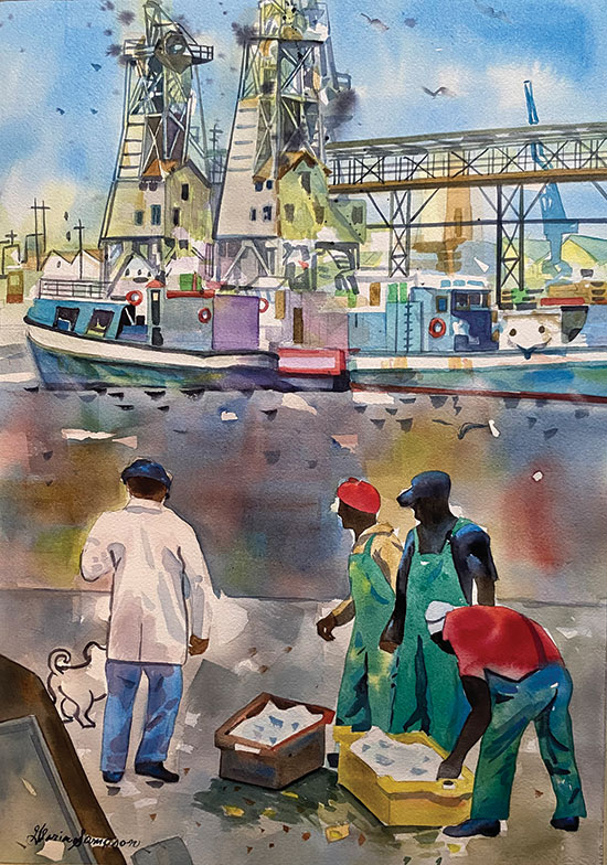 watercolor painting of a group of people at the docks