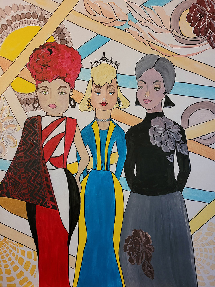 whimsical painting of three women