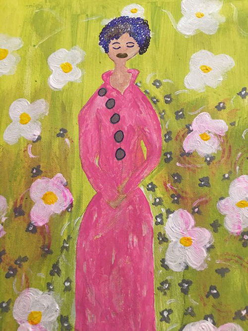 whimsical painting of woman in pink dress standing in a flower field