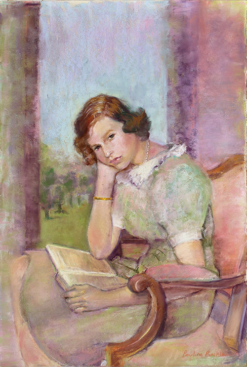 Painting of young Queen Elizabeth sitting with a book