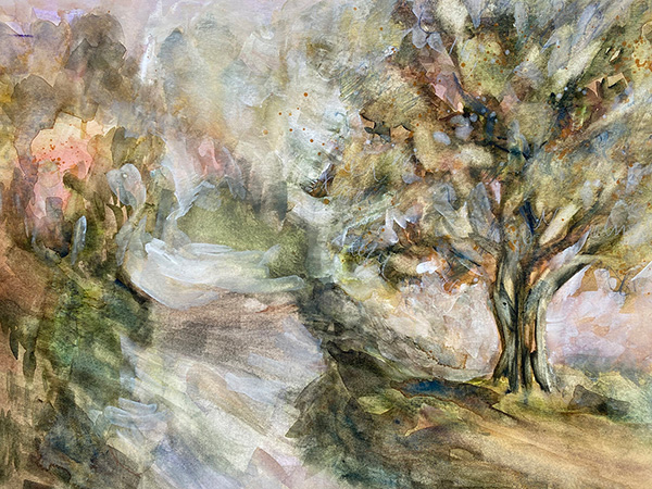 painting of a tree near a path