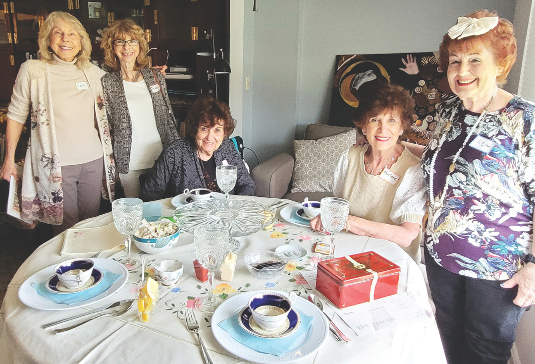 Vera Ripp Hirschhorn, Fran Mann Goodman, Mimi Paris, Marlene Klotz, and Lea Becker at the high tea