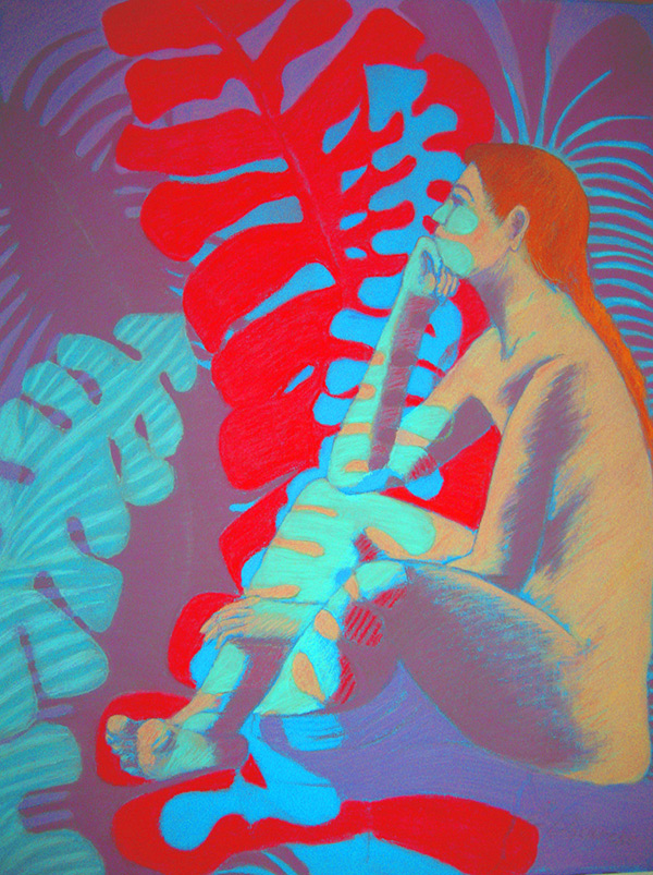 painting of a woman sitting among leaves