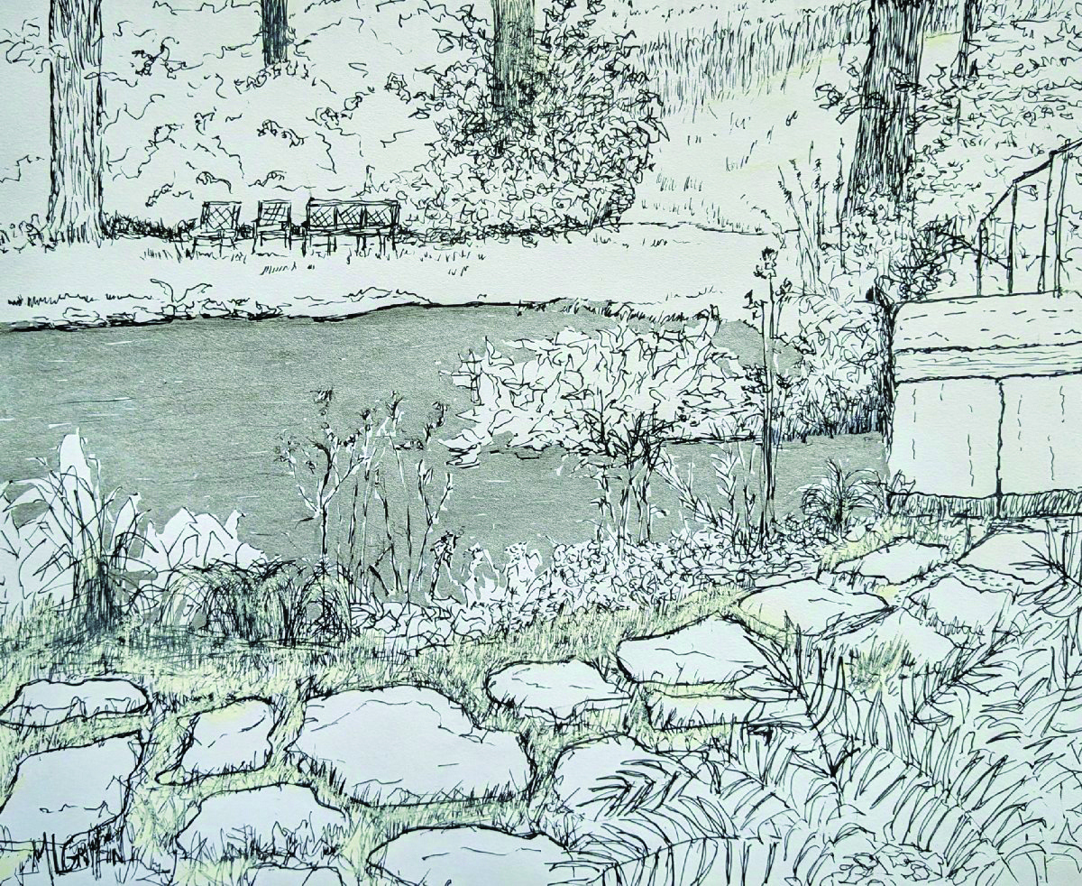 Plein air paintings by Mary Lou Griffin. “Path to the Meadow” (pen and ink, 14x11)