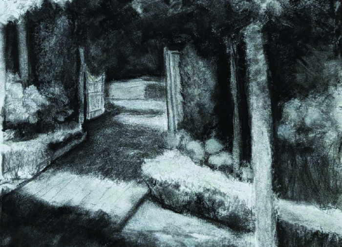 Mary Lou Griffin, “Beyond the Garden Gate” (charcoal, 11x14)