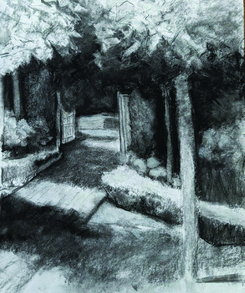 Mary Lou Griffin, “Beyond the Garden Gate” (charcoal, 11x14)