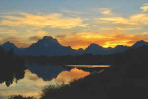 Photography by Lorraine Salem Tufts. Sunset with Mt Moran at Oxbow Bend
